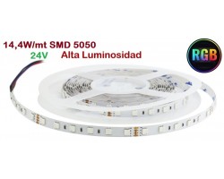Tira LED 5 mts Flexible 24V 72W 300 Led SMD 5050 IP20 RGB Alta Luminosidad